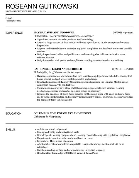 Executive Housekeeping Manager Resume Example Doubletree