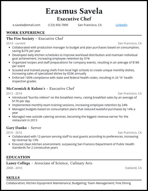 executive chef job description for resume
