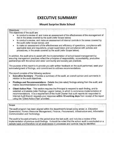 executive summary example for audit report