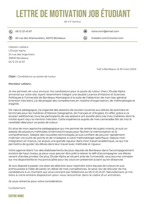 Lettre de motivation job etudiant debutant laboitecv.fr