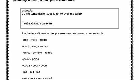 Exercice Vocabulaire Homonymes, homophones : CM2 - Cycle 3 - Pass Education