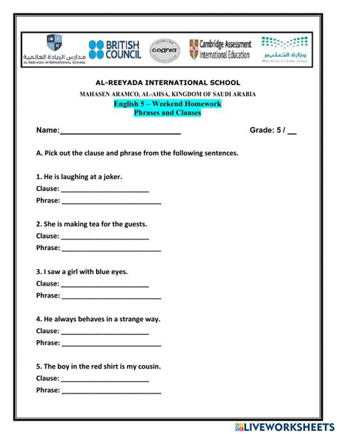 exercises on phrases and clauses for class 7 with answers icse