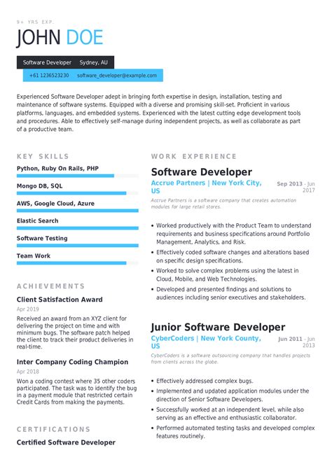 experience software developer resume format