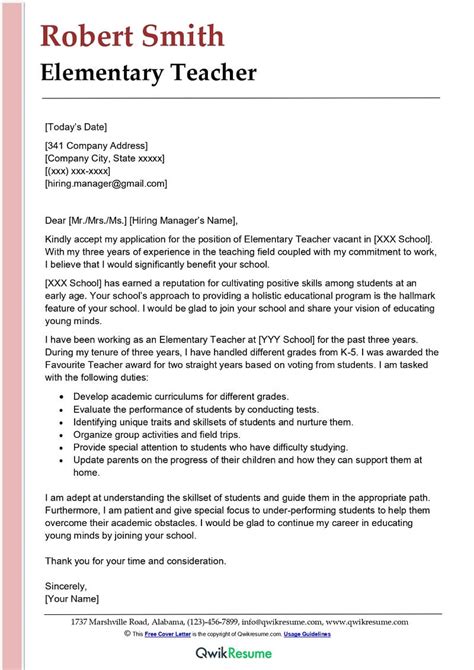 Elementary Teacher Cover Letter Sample Kickresume