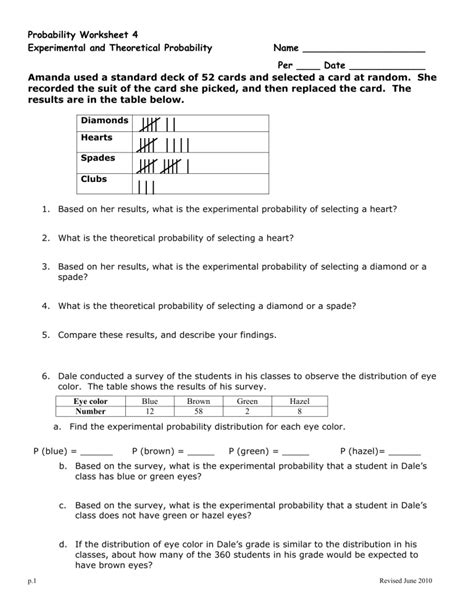 experimental and theoretical probability worksheet answer key