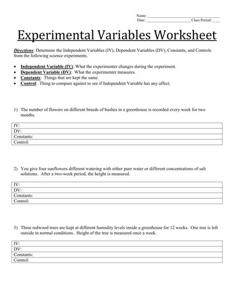 experimental variables worksheet answers biology
