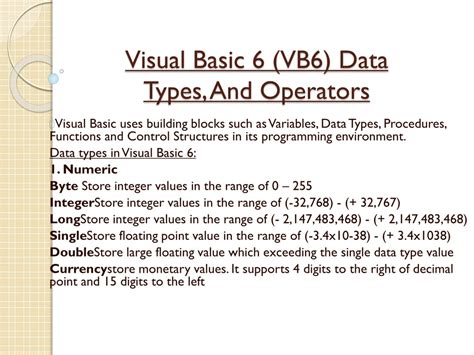 explain data types and operators in visual basic