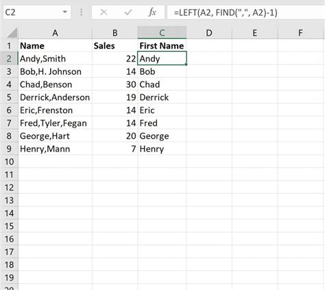 extract first name from full name in excel