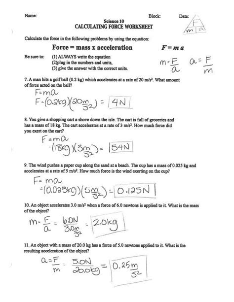 F=Ma Problems Worksheet Answers