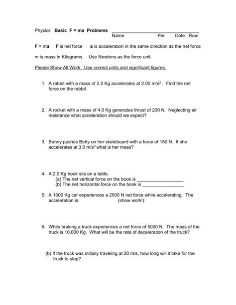 F=Ma Problems Worksheet Answers