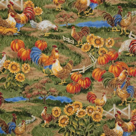 fabric with roosters and chickens