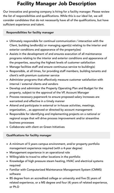 Facility Manager Job Description