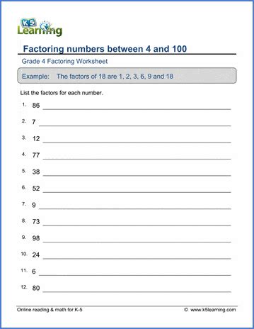 factor pair worksheets grade 4