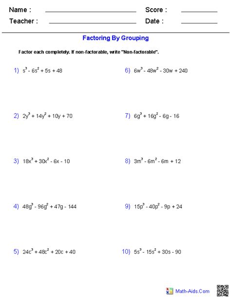 factoring polynomials double grouping worksheet