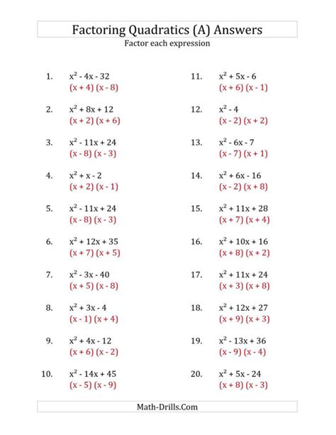 factoring trinomials a=1 worksheet pdf