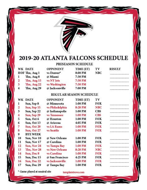 Falcons Schedule 2019 Printable