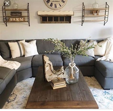 New Farmhouse Living Room With Dark Gray Couch For Living Room