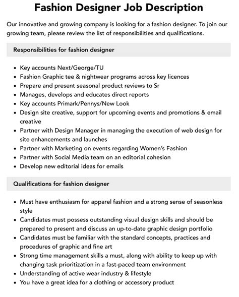 Fashion Designer Job Description Sample Template (FREE