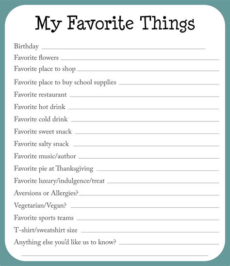 List of favorite things worksheet