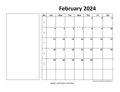 February 2024 Calendar with Notes Template Customization