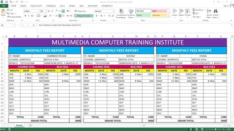 fee structure format in excel