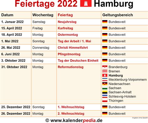 Kalender 2022 + Ferien Hamburg, Feiertage