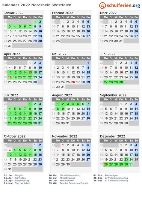 Kalender 2022 NRW Ferien, Feiertage, PDFVorlagen