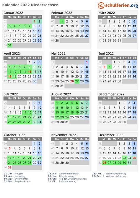 Kalender 2022 Niedersachsen Ferien, Feiertage, ExcelVorlagen