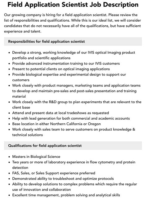 Field Application Scientist Job Description