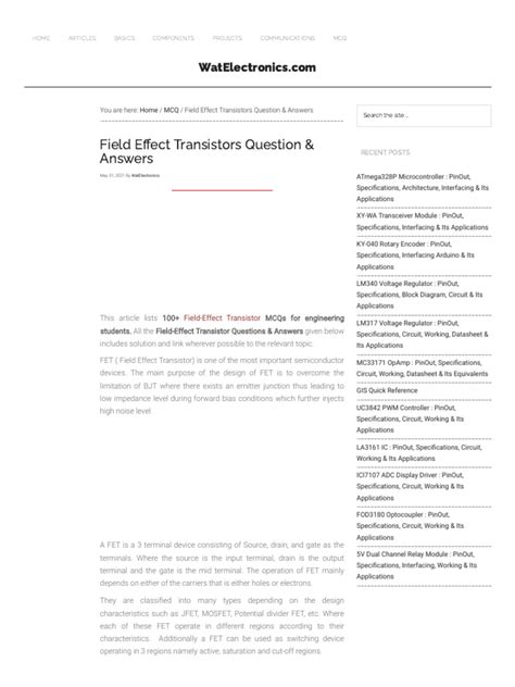 Field Effect Transistor Questions And Answers Pdf