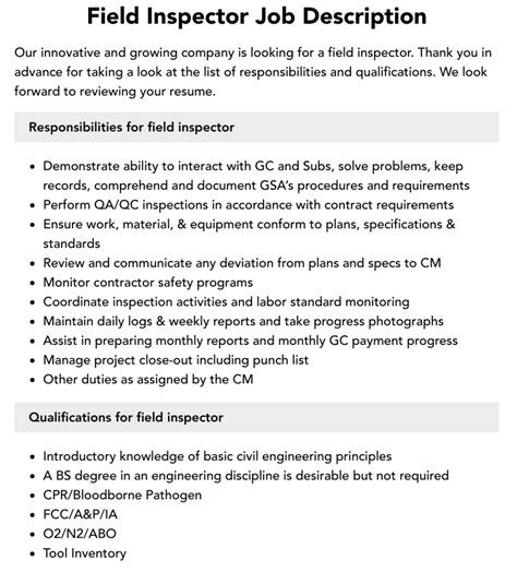 Field Inspector Duties