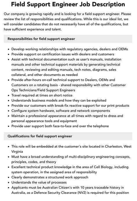 Field Support Engineer Job Description