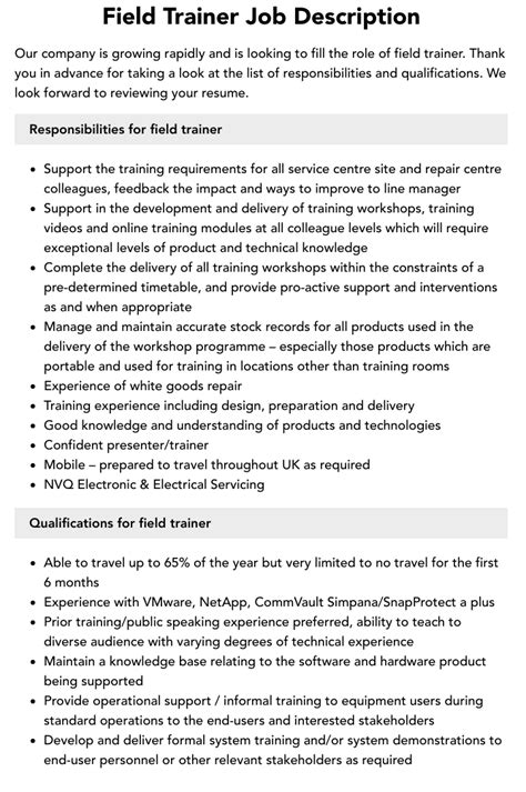 Field Trainer Job Description