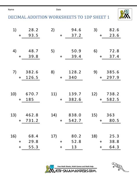 Fifth Grade Math Worksheets For Adding Decimals