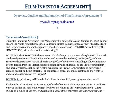 Motion Picture Investor Financing Agreement Legal Forms and Business