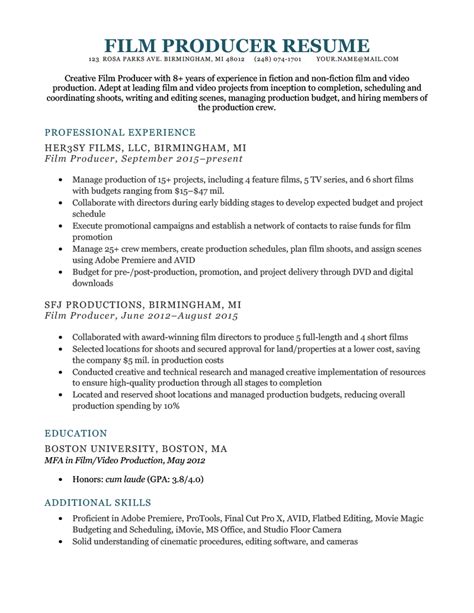 Professional Film Production Resume Template Excel Sample