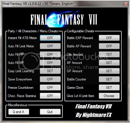 final fantasy 7 steam cheats