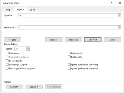 find and replace manual line break in word