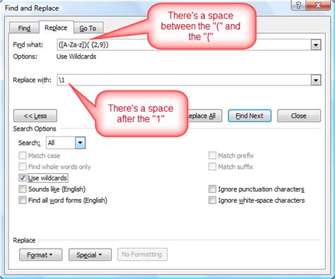 find and replace spaces in word