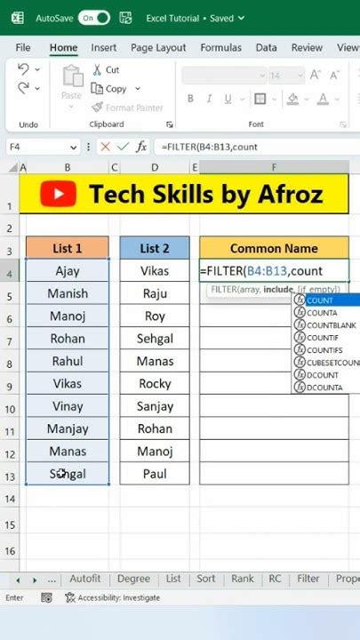 find common names in excel
