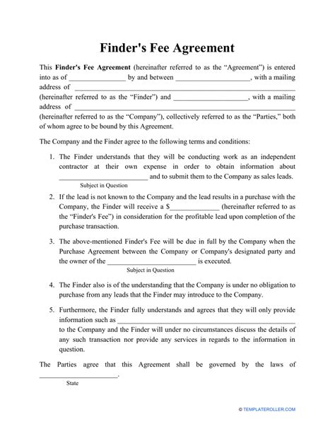 finder's fee agreement for investment capital
