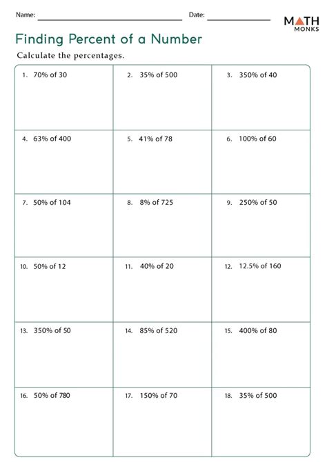 Finding Percent Of A Number Math Worksheet