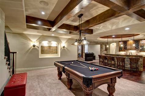 finished basement with bar and pool table