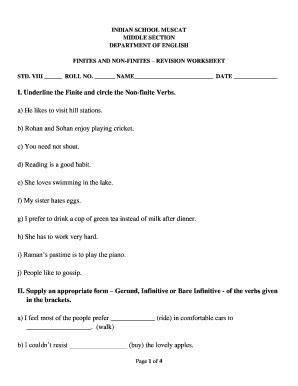 finite and non finite verbs exercises for class 8 mcq