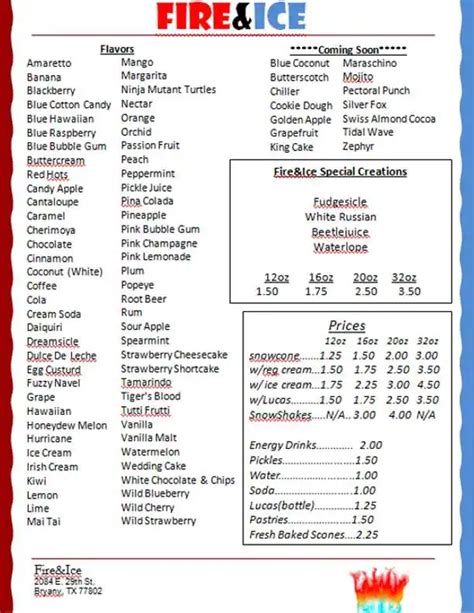 Fire And Ice Drink Menu