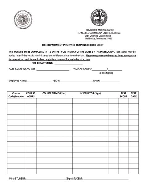 fire department training sign in sheet