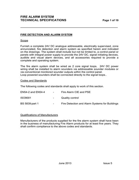 Fire Detection And Alarm System Technical Specifications