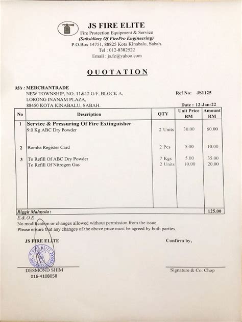 Fire Extinguisher Refilling Quotation Format