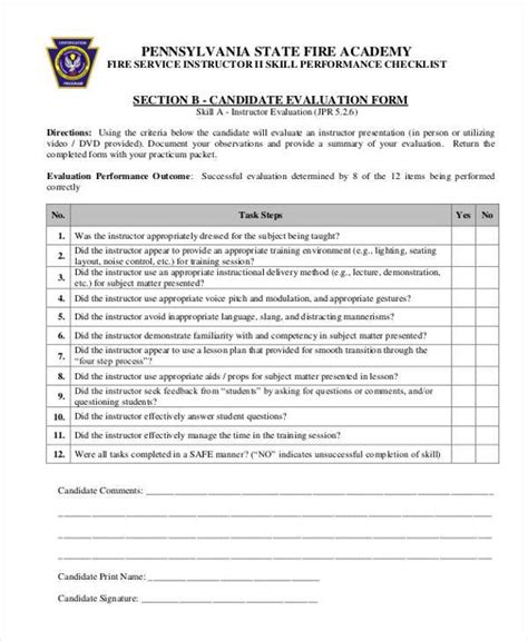 fire instructor evaluation form template