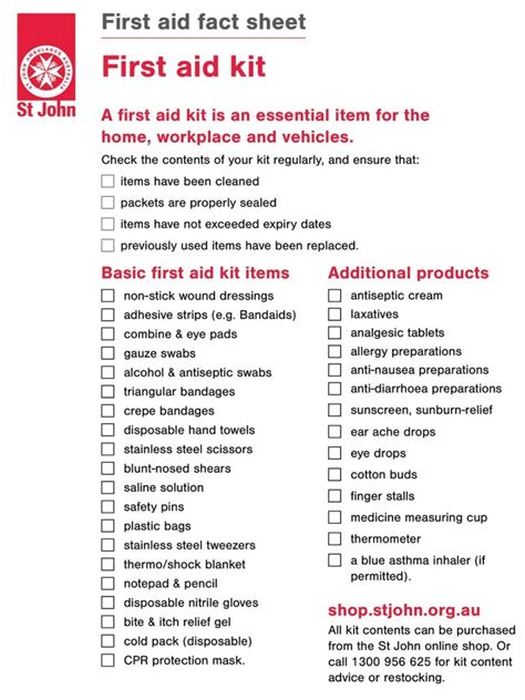 First Aid Kit Checklist St Johns